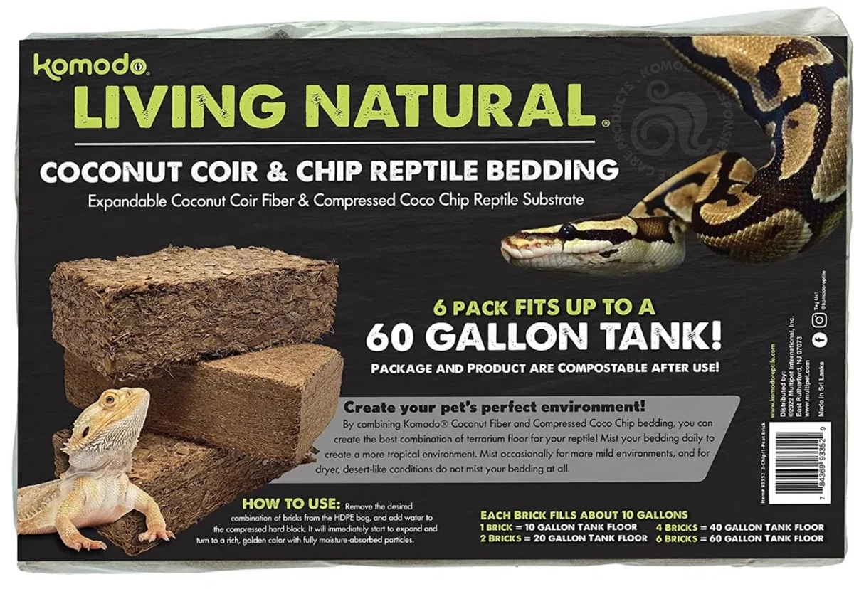 Komodo Reptilien-Kokosfaser-Chip- und Torf-Bündel | 4 Ziegel Chips und 2 Ziegel Torf-Reptilien-Terrarium-Bettwäsche | passend für bis zu 18 Liter Tank