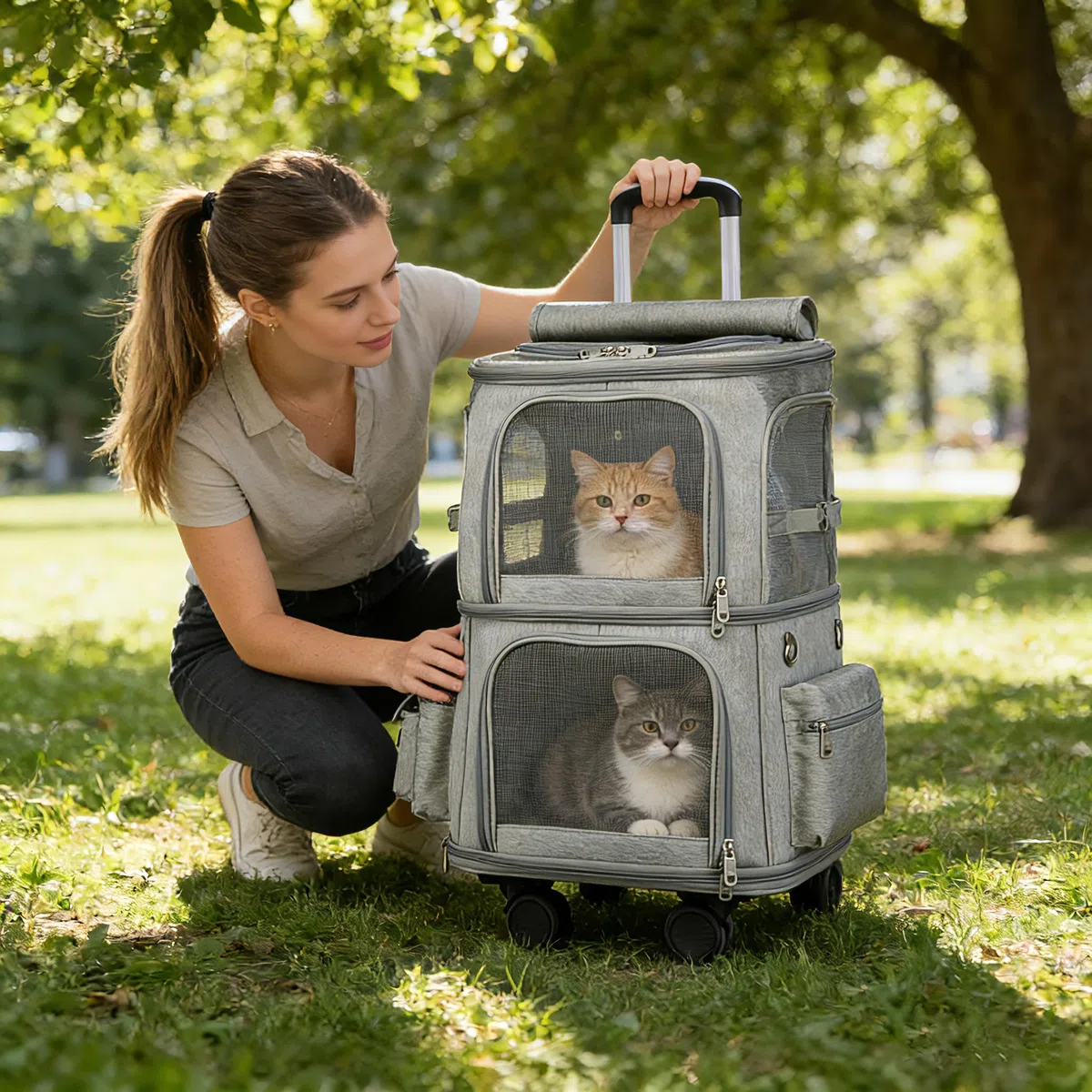 PETCUTE Großer Katzentransportbox für 2 Katzen bis 10kg, Katzenrucksack Hunderucksack mit Abnehmbare Rollen, Faltbar Transportboxen für kleine Hunde mit Innerem Sicherheitsgurt,perfekt für Reisen
