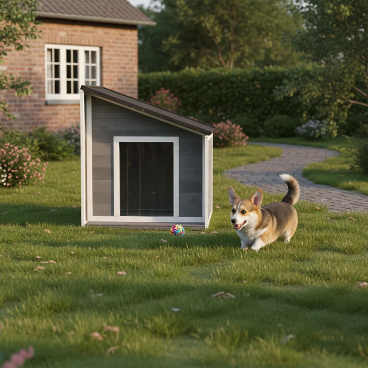 Relaxdays Hundehütte, Holz, wetterfest, klappbares Schrägdach, Hundehaus für kleine Hunde, HBT: 77x71x58 cm, grau/weiß