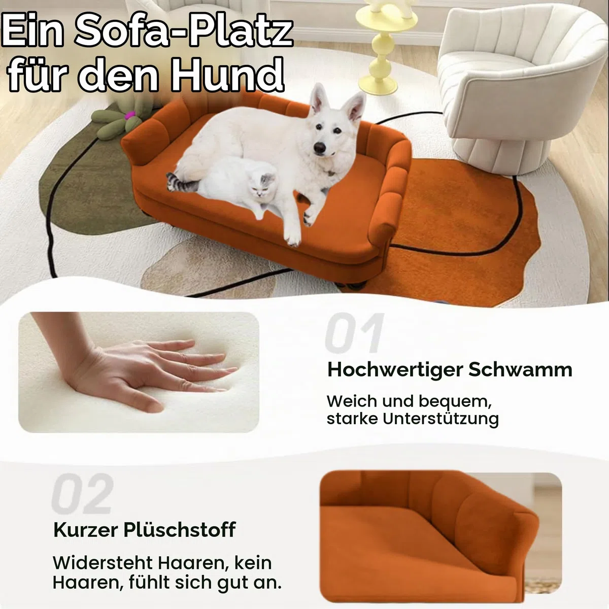 Hundesofa, bequemes Haustiersofa für große und mittelgroße Hunde, weiches Samtkissen, langlebige Hundemöbel für Wohnzimmer, waschbares Hundebett für Couch (orange)
