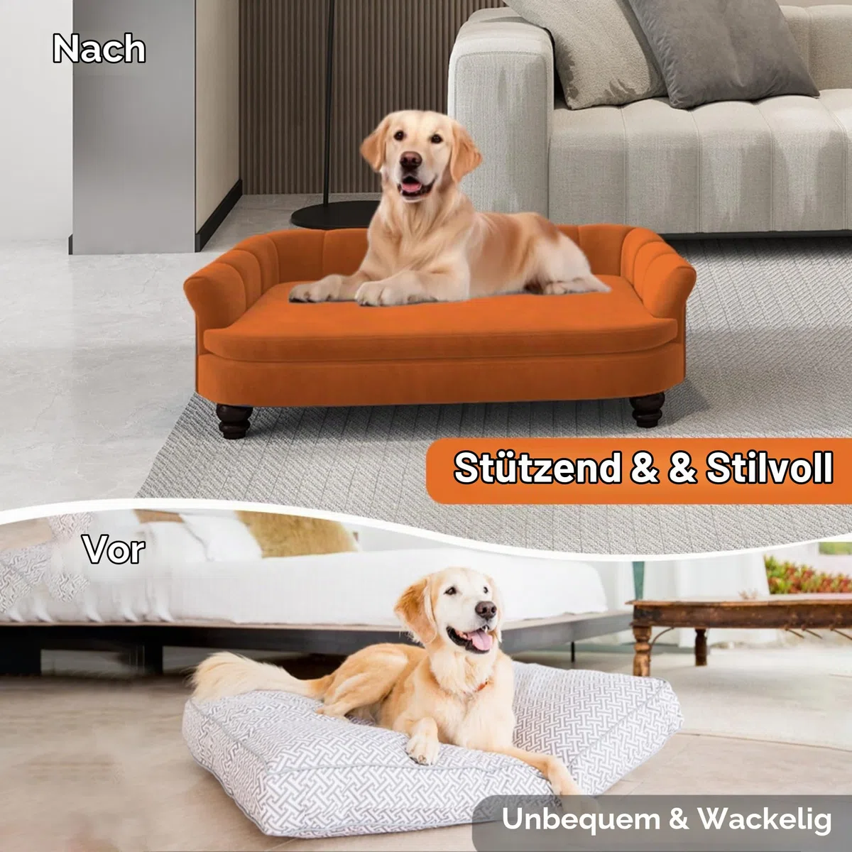 Hundesofa, bequemes Haustiersofa für große und mittelgroße Hunde, weiches Samtkissen, langlebige Hundemöbel für Wohnzimmer, waschbares Hundebett für Couch (orange)