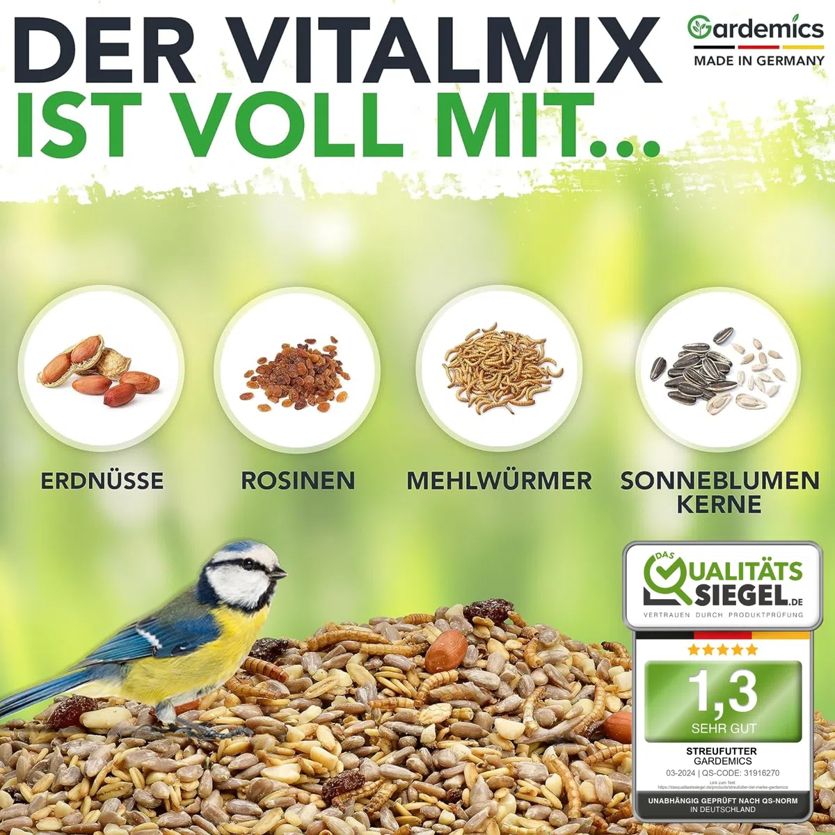 Gardemics Vogelfutter Wildvögel ganzjährig 10 Kg - Mit Mehlwürmern - Premium Protein Wildvogelfutter Ganzjahresfutter für Artenvielfalt im Garten