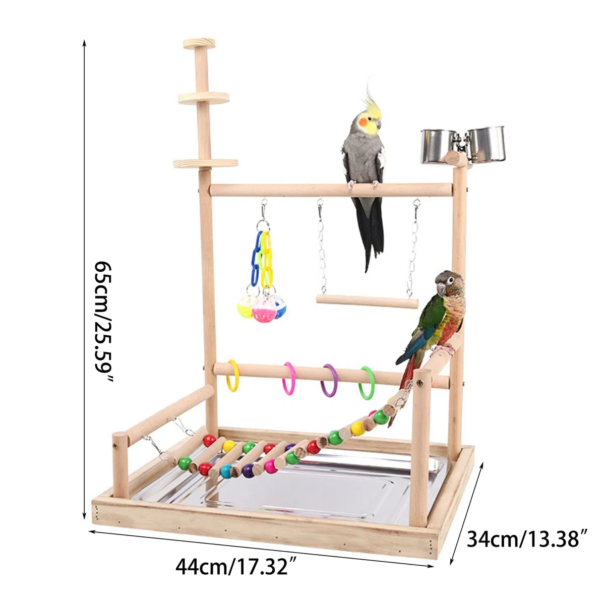 Sitzstangenständer für Vögel, Papageien, Spielständer mit Tablett aus Edelstahl, Futternäpfe, Leiterschaukel, Kauspielzeug aus Kunststoff für Vögel, Vogelspielplatz, Sitzstangenständer aus Naturholz