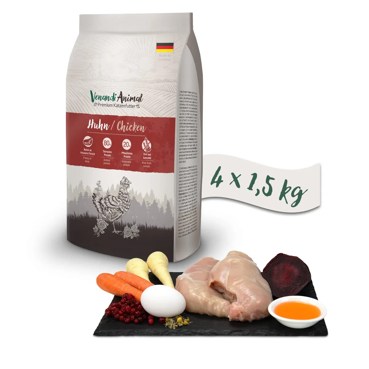 Venandi Animal Premium Trockenfutter für Katzen, Huhn 4 x 1.5 kg, getreidefrei mit viel frischem Fleisch, 6 kg