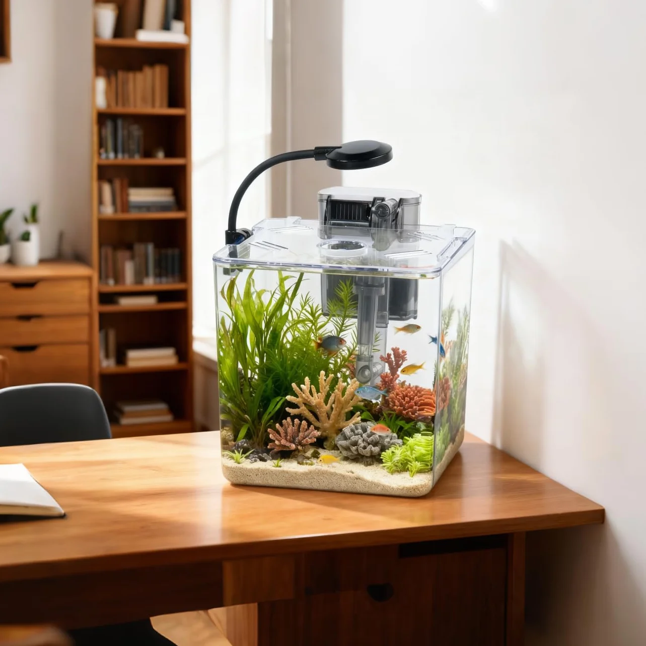 5L Einsteiger-Aquarium-Set, 18 x 18 x 18 cm, Mini-Kunststoffaquarium mit LED-Lampe und USB-Filter, DIY-Aquascaping