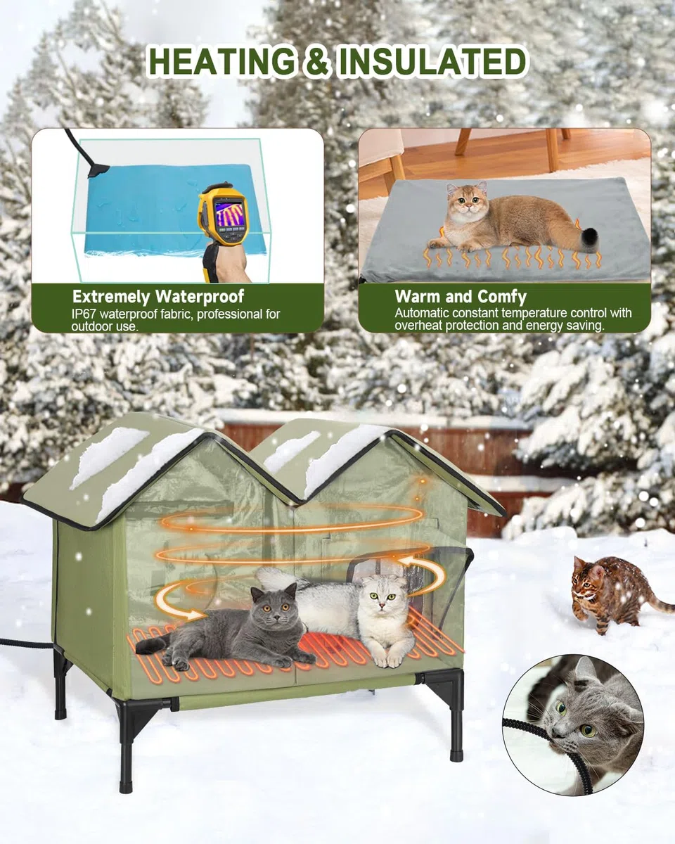 Großes Beheiztes Katzenhaus Outdoor Winterfest Isoliert, weich und warm Katzenhöhle für draußen mit Fluchttüren und Heizungspolster, robuster Katzenhütte Outdoor für mehrere Katzen und Hunde (Grün)
