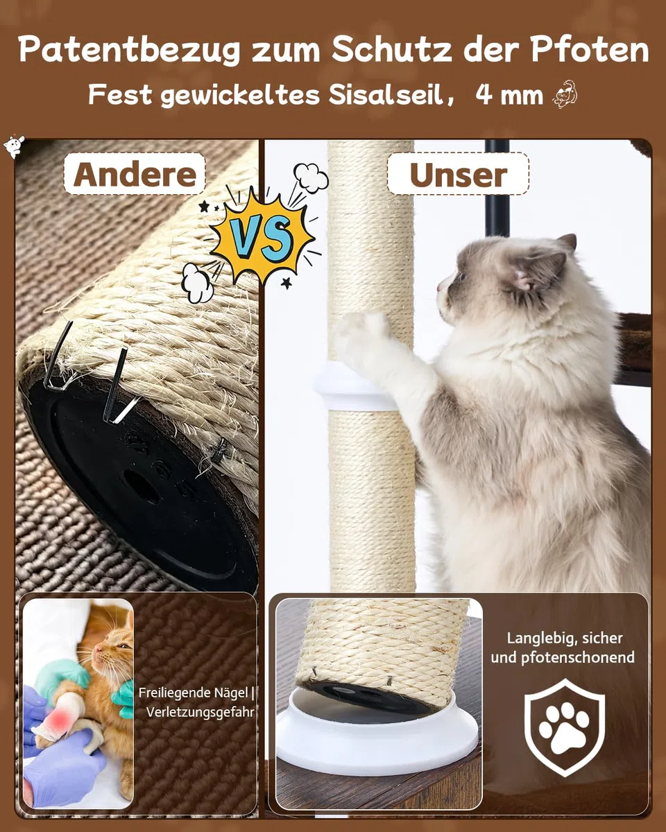 FourFurPets 188 cm Kratzbaum für große Katzen, stabiler Katzenbaum aus Holz mit Sisalstämmen, Katzenkratzbaum mit 4 Liegeplätzen, Massage-Bürste & Korb für große Katzen, hoher Kratzbaum (Rustic Brown)