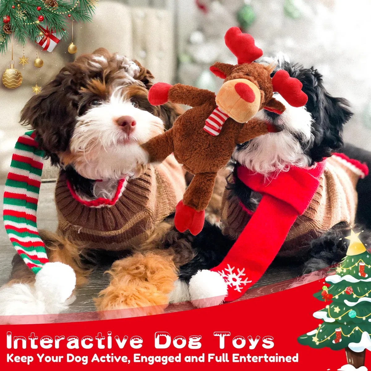 Weihnachts-Hundespielzeug, quietschendes Spielzeug mit Knisterpapier, Plüsch-Rentier, Hundespielzeug, interaktives gefülltes Kauspielzeug, Hundegeschenke für Welpen, kleine, mittelgroße Hunde