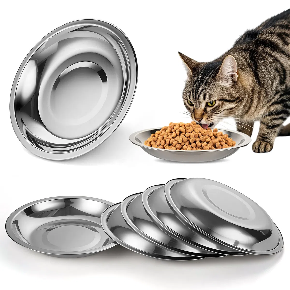 Futternapf aus Edelstahl, 17,8 cm, flach, breit, Schnurrhaarfreundlich, Metallnapf für Innenkatzen, Nassfutter, Wasser-Futternapf, Ersatz, erhöhter Haustierteller für Kätzchen, Welpen, kleine Hunde, 6