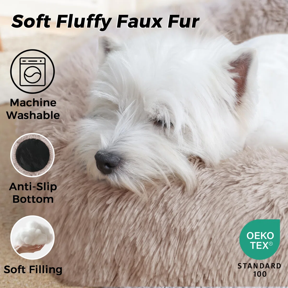 Beruhigendes Hundebett und Katzenbett für Indoor-Katzen, mittelgroß, waschbar, rutschfest, Anti-Angst, Donut-Hundebett für kleine Hunde und Katzen, flauschiges Plüsch, gemütlich, rund, 61 cm