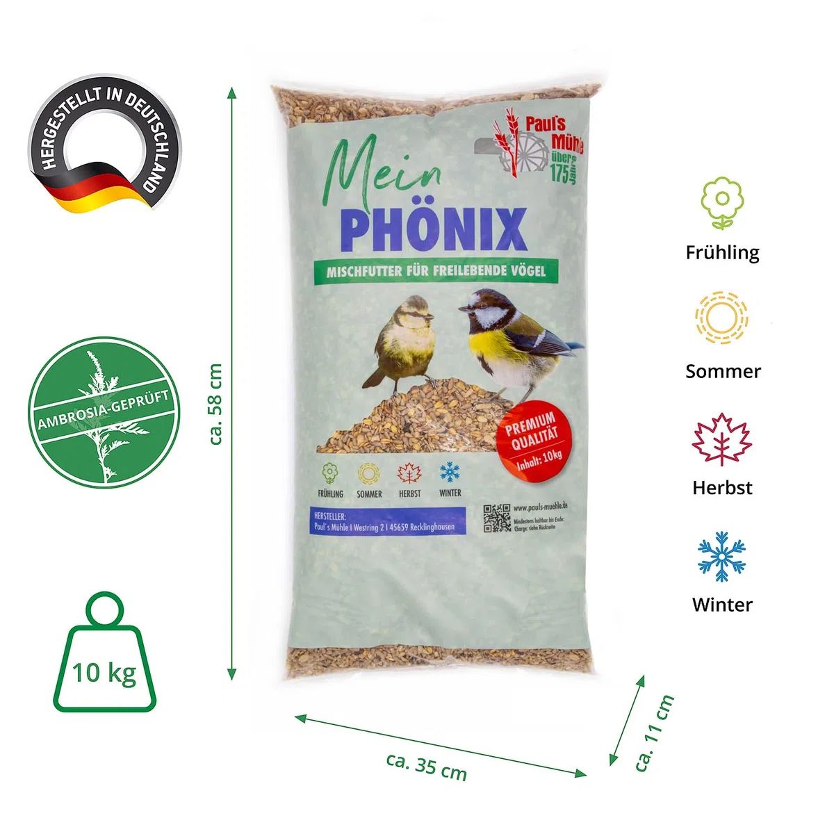 Paul´s Mühle Wildvogelfutter, Vogelfutter ideal für Brutzeit und Aufzucht, Phönix, 10 kg
