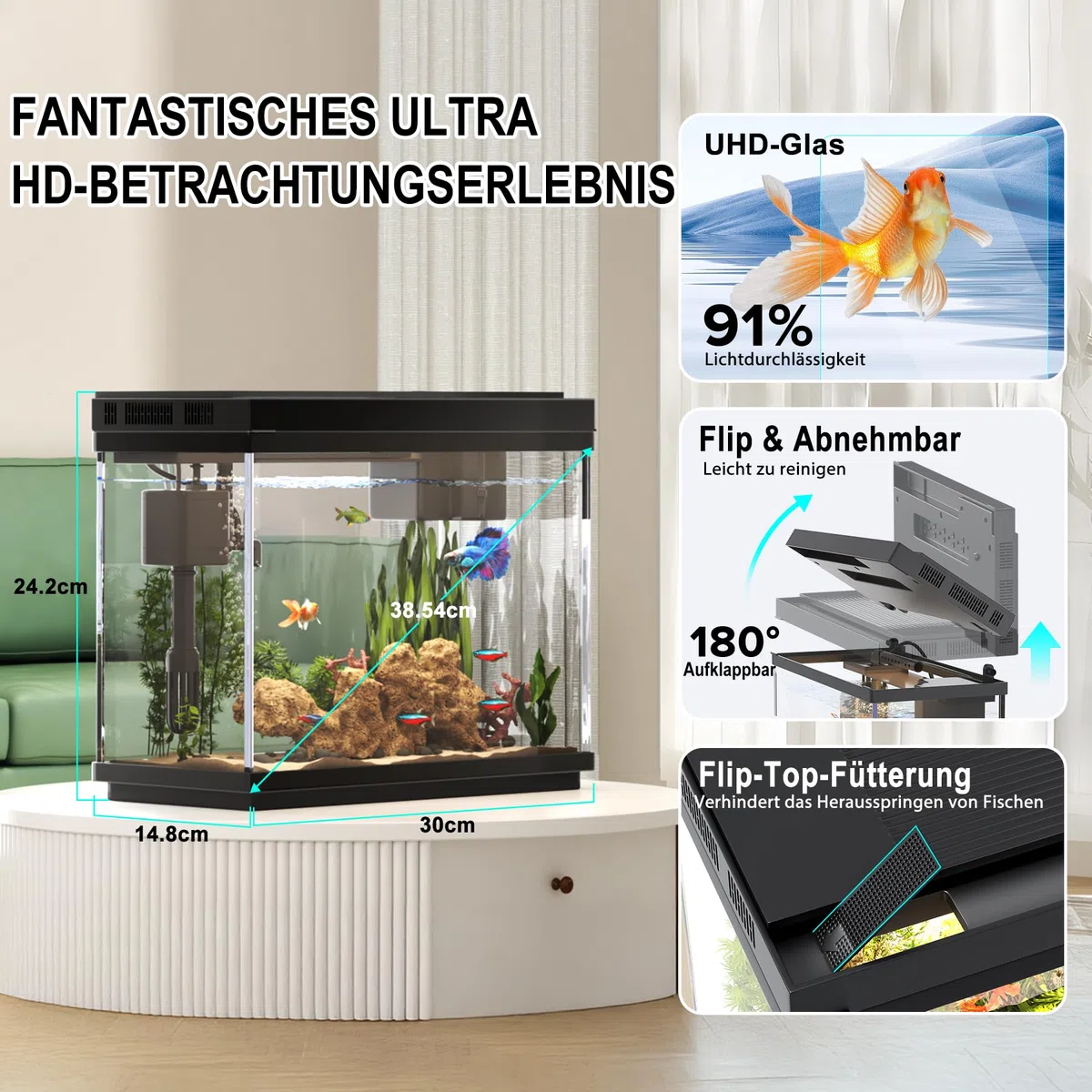 Vehipa Nano Aquarium 9L Klein mit intelligentem Luftbefeuchter, Temperaturanzeige, UHD-Glas, 7-Farben-Beleuchtung, 3-in-1 Leise Pumpe