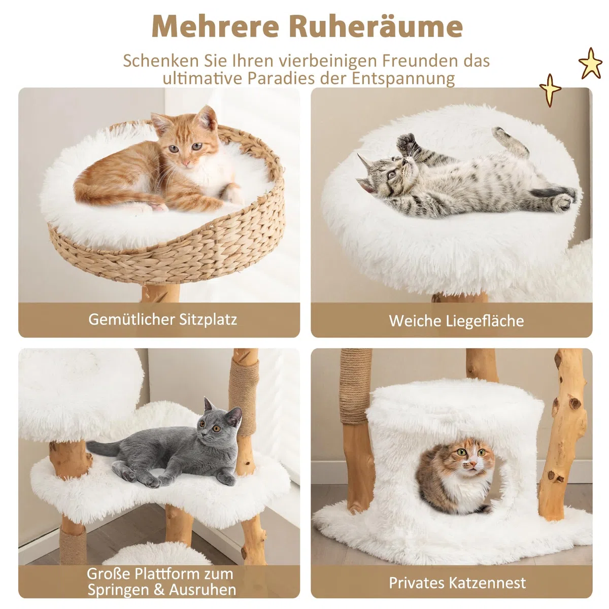 SOARS Kratzbaum Holz, Katzenbaum mit 3 natürlichen Birnbaumstämmen, Katzenhöhle & Plüschflächen, Katzenkratzbaum mit handgeflochtenes Katzenbett & Juteseil, Katzenmöbel, mehrstöckig, 48 x 48 x 124cm
