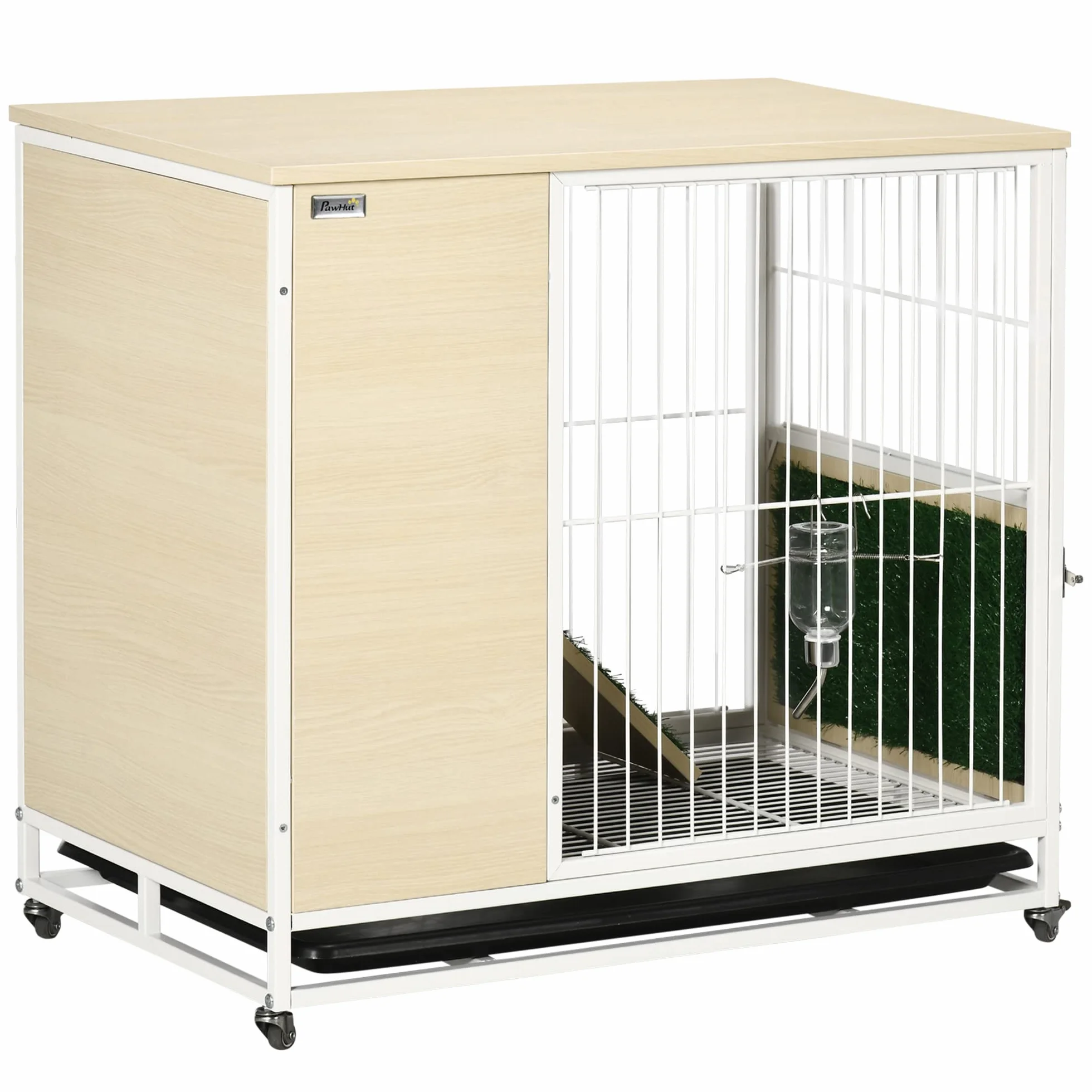 PawHut Kaninchenkäfig auf Rollen, Schiebedach, Plattformen mit abnehmbarem Tablett – 78 x 52,5 x 76,5 cm, Natur
