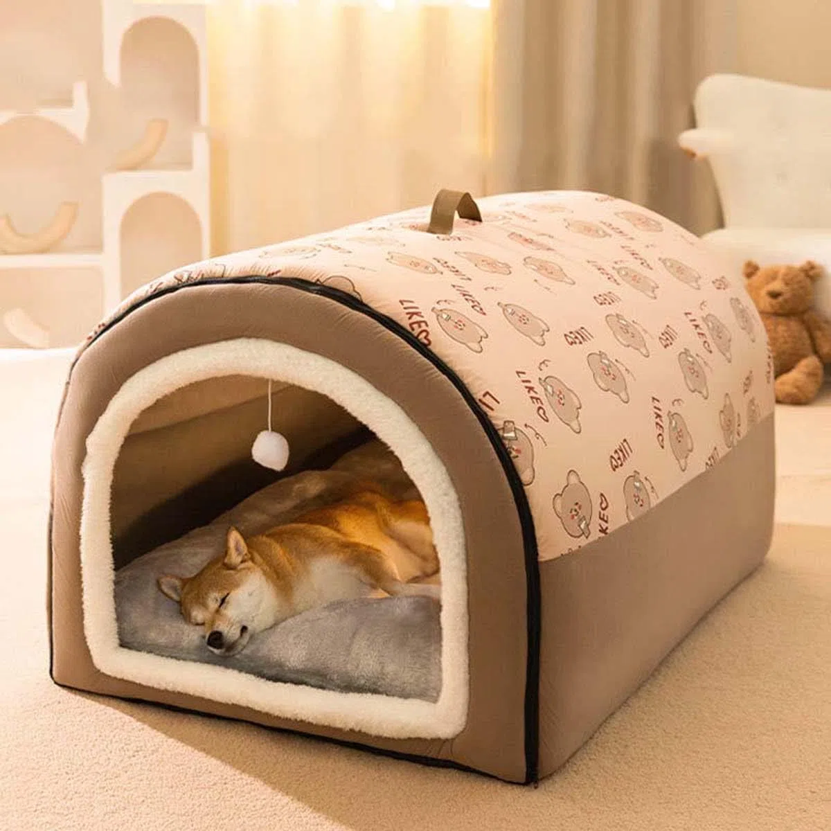 Hundebett, 2-in-1-Hundehütte, große Haustierhöhle, faltbar, beruhigende Hundehütte mit Anti-Angst, weichem, warmem Kissen, abnehmbar, waschbar, Haustier-Iglu-Bett für Hunde und Katzen, rutschfest