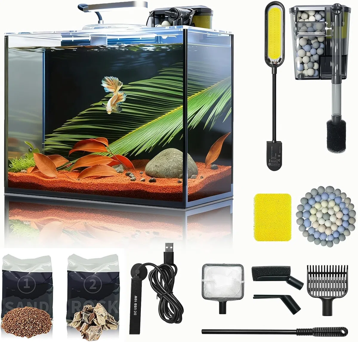Aquarium Desktop-Set 10L Kleines Fischbecken 30x15x22, Ultra-Klares Glas mit Selbstreinigungsfilter, Helles Licht, Heizung, Steine,Kies, Reinigungswerkzeug, Randloses Fischglas für Anfänger Starterkit