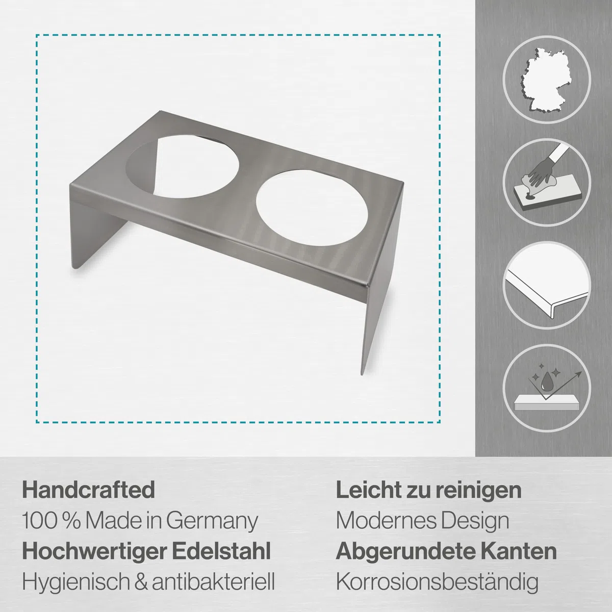 Feuerfest 123 Futterstation für 2 Näpfe I Ø 24cm I Hochwertiger Hundenapf zum Hinstellen I Stilvoller Hunde-Fressnapf aus 100% rostfreiem Edelstahl I Erhöhter Futternapf aus präziser Handarbeit