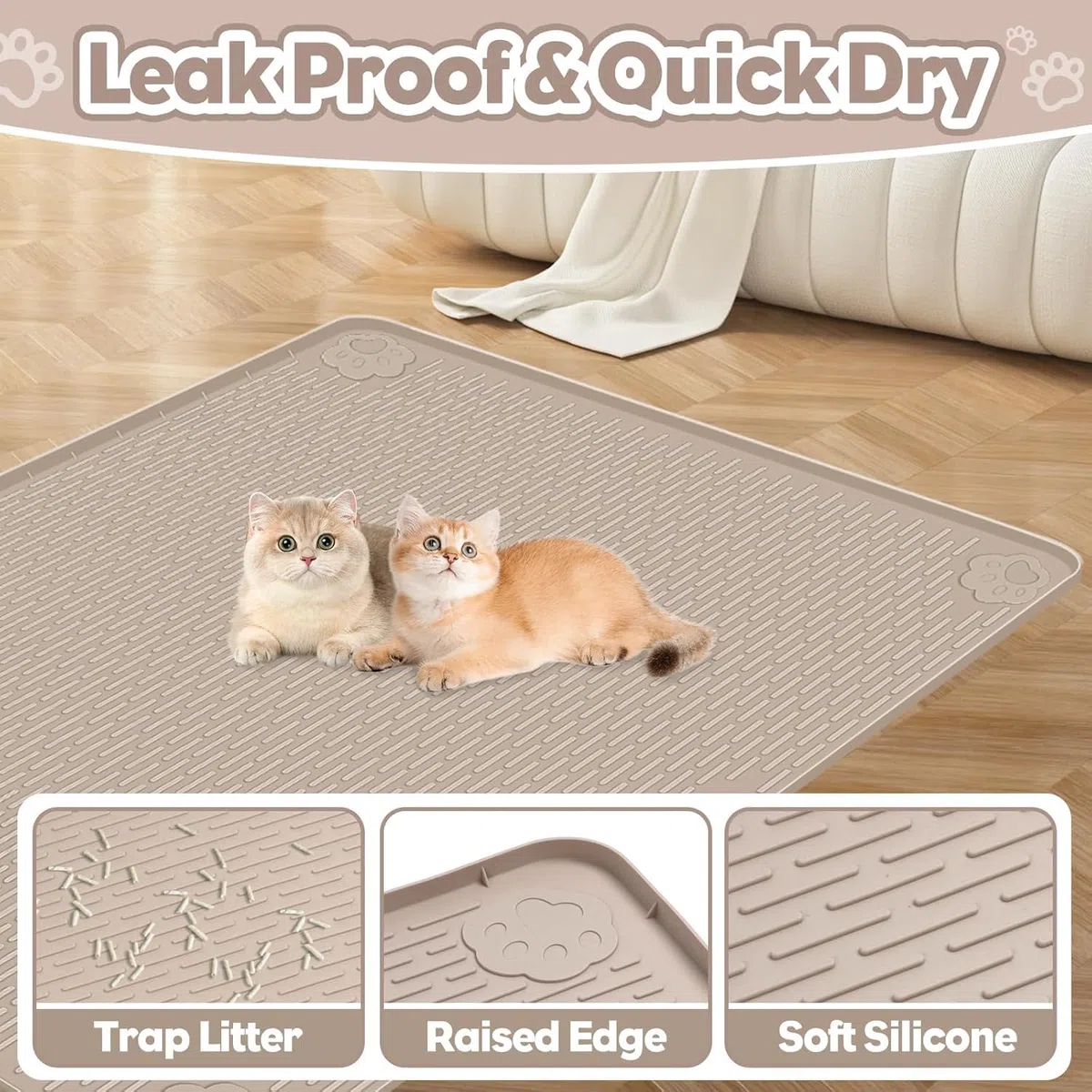 Kalolary Katzenstreu-Matten, 101,6 x 71,1 cm, extra große Silikon-Katzenmatte für Katzentoilette, leicht zu reinigen, weich auf Katzenpfoten, wasserdicht, urinfest, für den Boden, Khaki