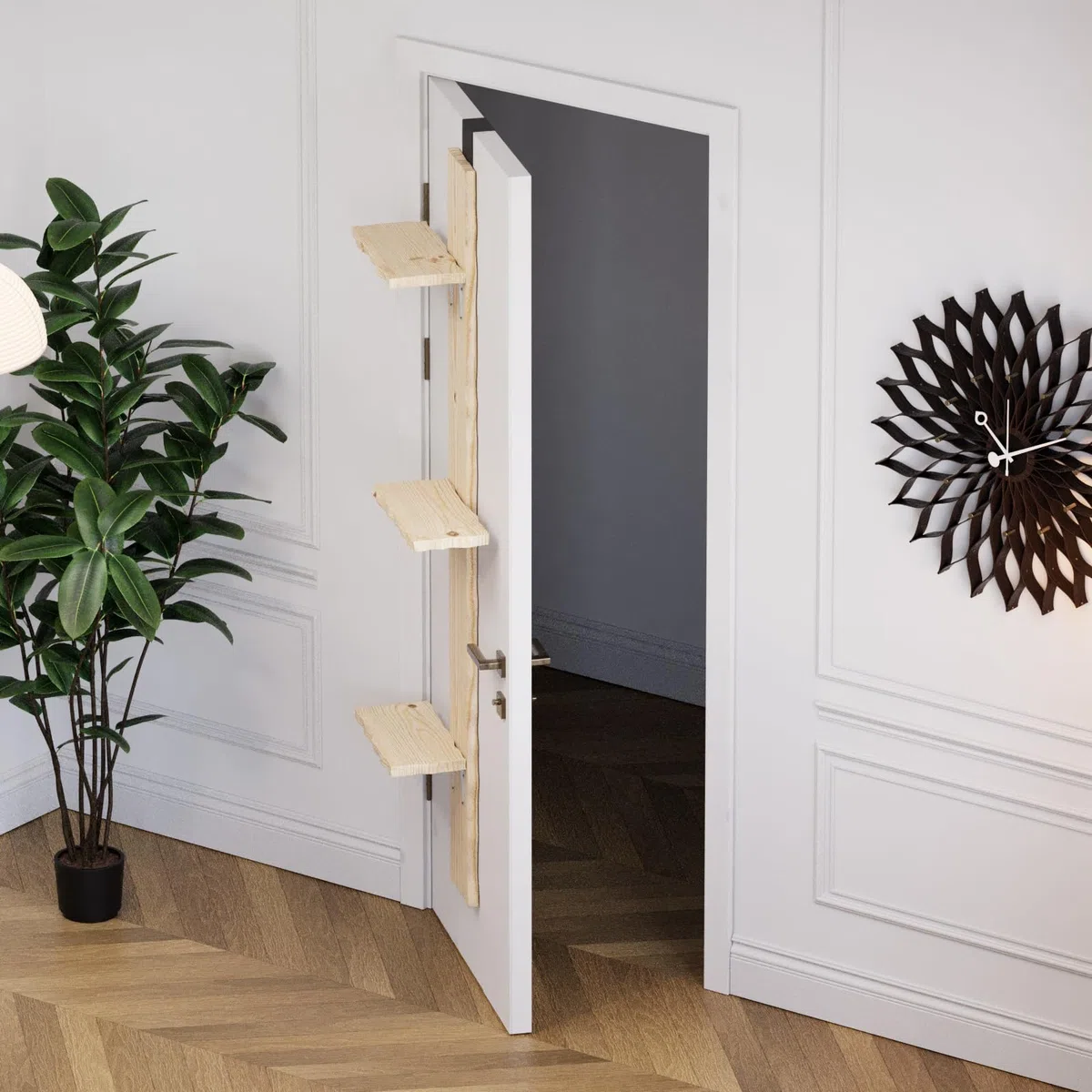 QLS Katzenleiter aus Kiefernholz Katzentreppe Türmontage 3 Stufen 180 cm DEKO