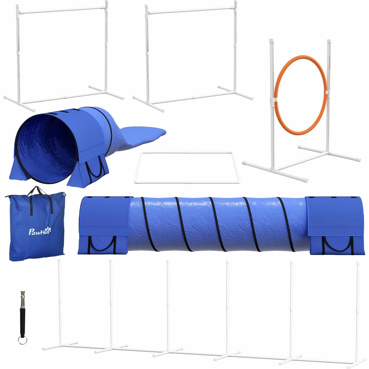 PawHut Agility Set Hunde 7-Teiliges Agility Ausrüstung Hundetunnel | Hürden,Slalomstangen,Springring,Aufbewahrungstasche,Pause-Box,Höhenverstellbar,Steckhürdenset,Trainingsset