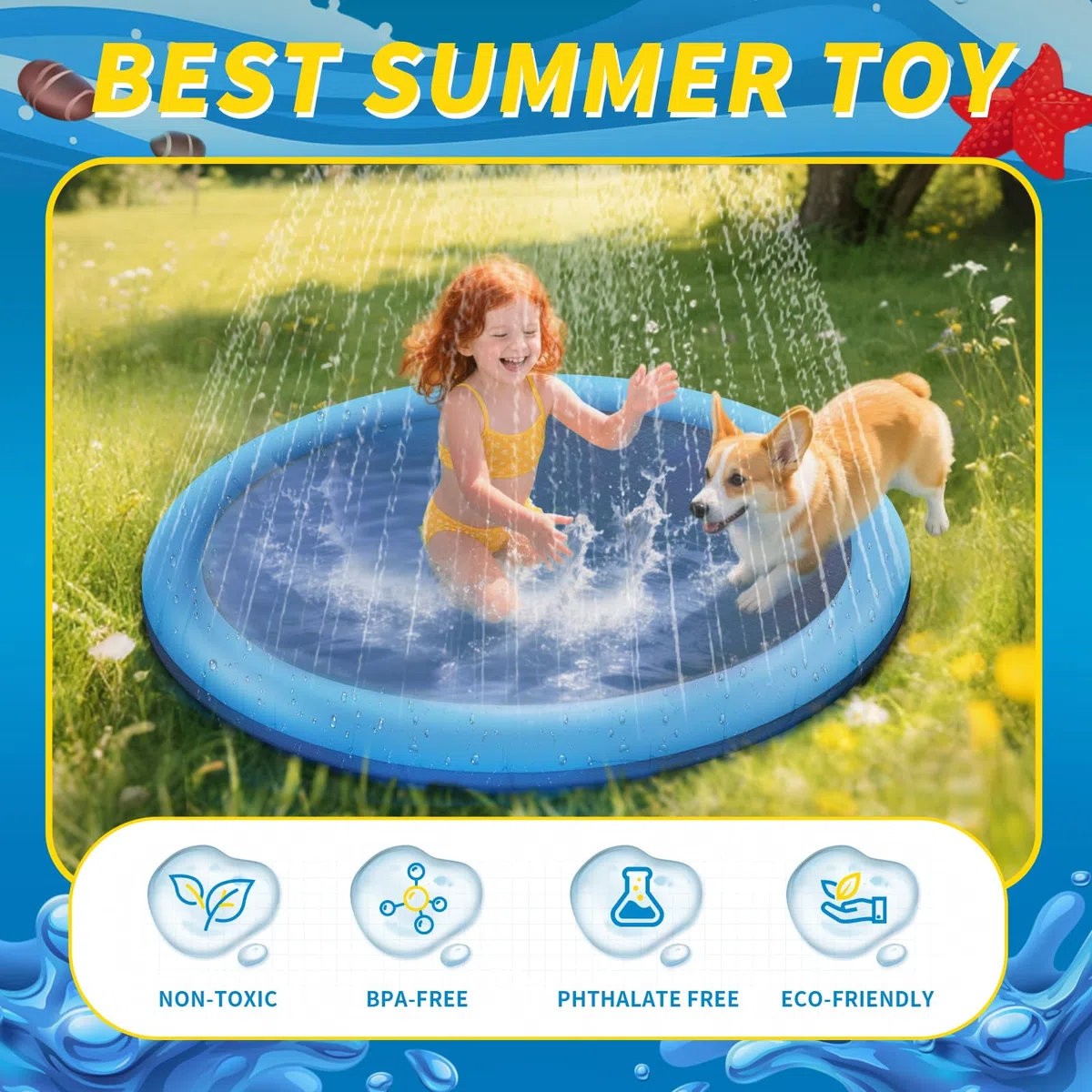 CNMTCCO Hundepool & Splash Pad für Kinder und Hunde 150CM, 0.58mm Verdickte Anti-Rutsch Wasserspielmatte, Outdoor Planschbecken für Garten, Wasserspielzeug Kinder Outdoor Sommer