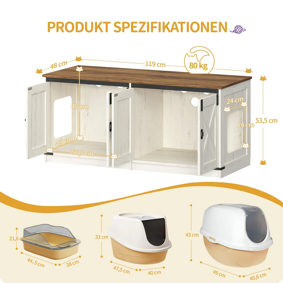 Hzuaneri Katzenschrank, 119cm Katzenklo Schrank für 2 Katze, Braun und Weiß | Versteckter Katzentoilettenschrank, Katzenhaus für den Innenbereich, Bauernhausstil, 119 x 48 x 53,5 cm, CB85314X