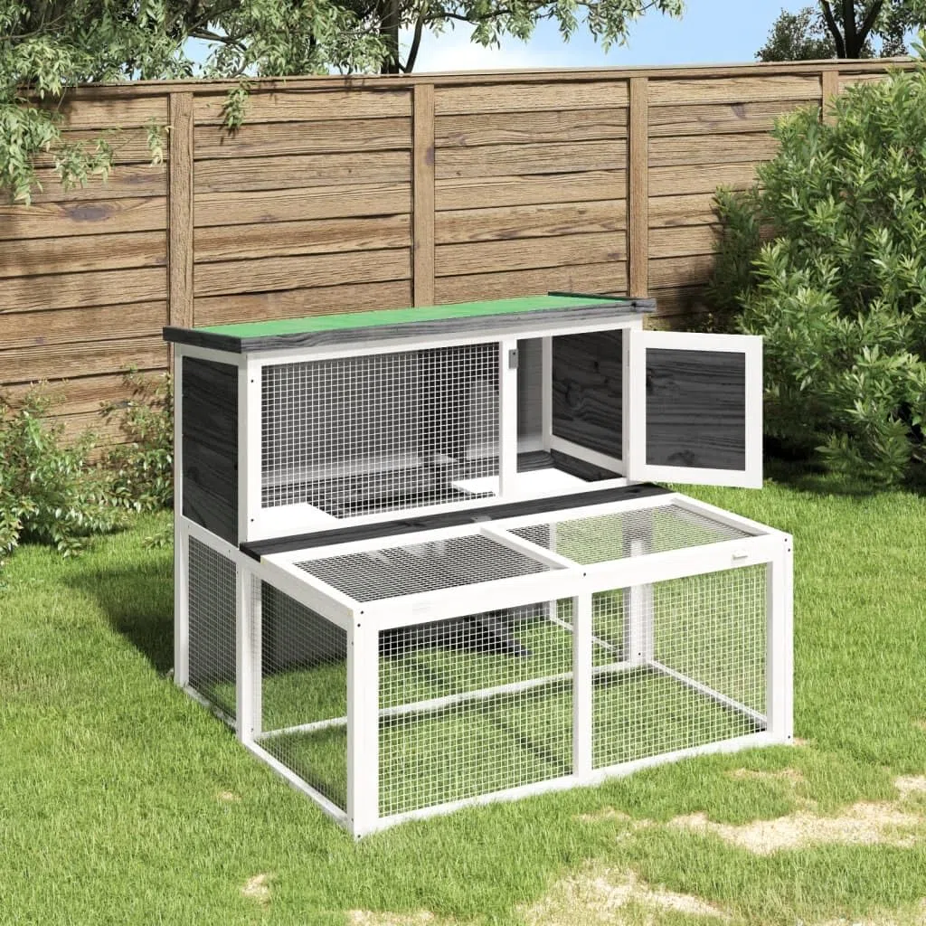 Kaninchenstall Grau aus massivem Kiefernholz 102x90x84,5 cm mit Freilaufgehege und wasserfestem Dach für Kleintiere wie Kaninchen Meerschweinchen Hamster, ideal für Garten