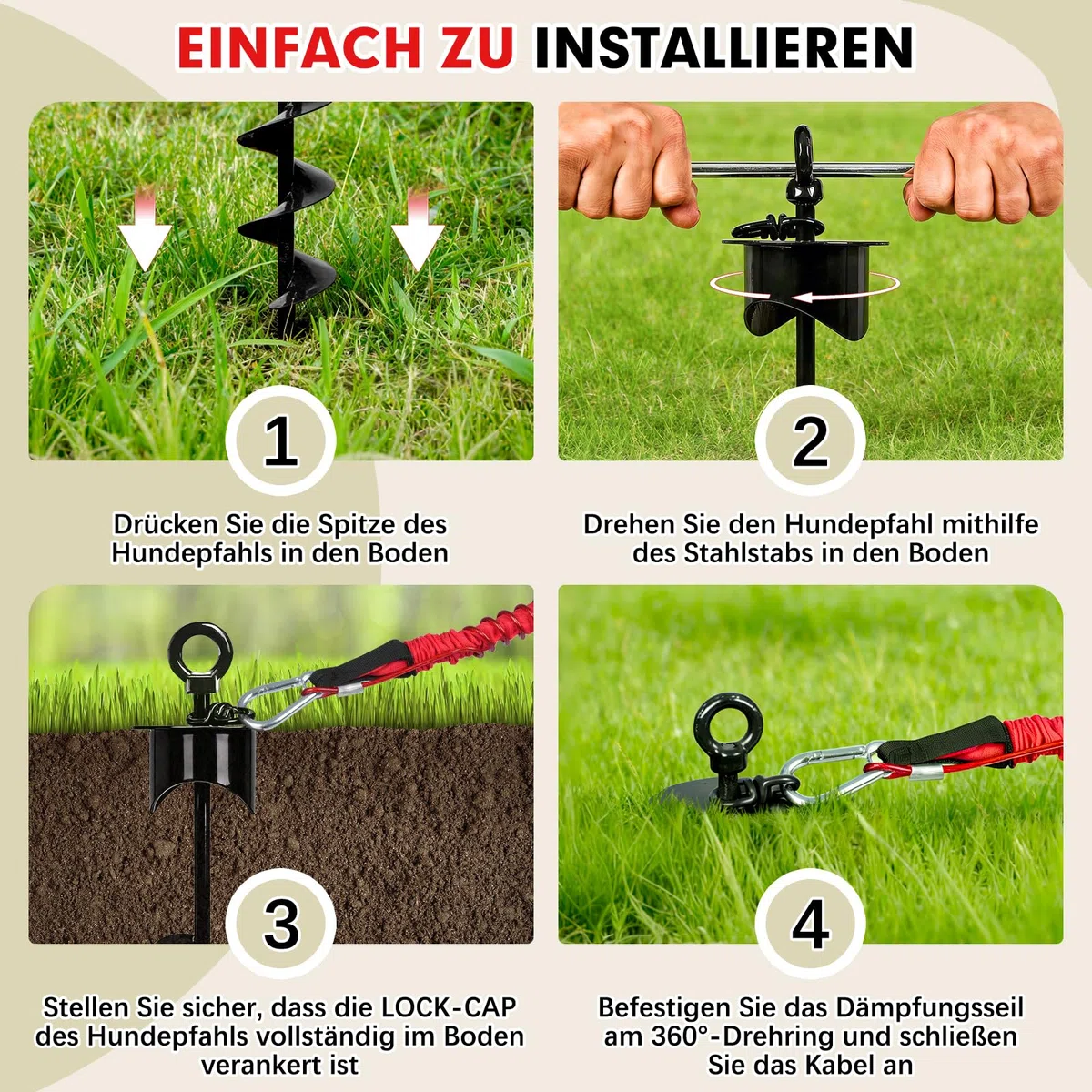 Snagle Paw Bodenanker für Hunde mit Lock-Cap, 6M Leine with Erdanker für Außen/Garten/Camping mit Stoßdämpfender Bungee-Leine, 360°drehbarer Rostfreier Bodenanker für Leinen, Ketten bis 360 lbs