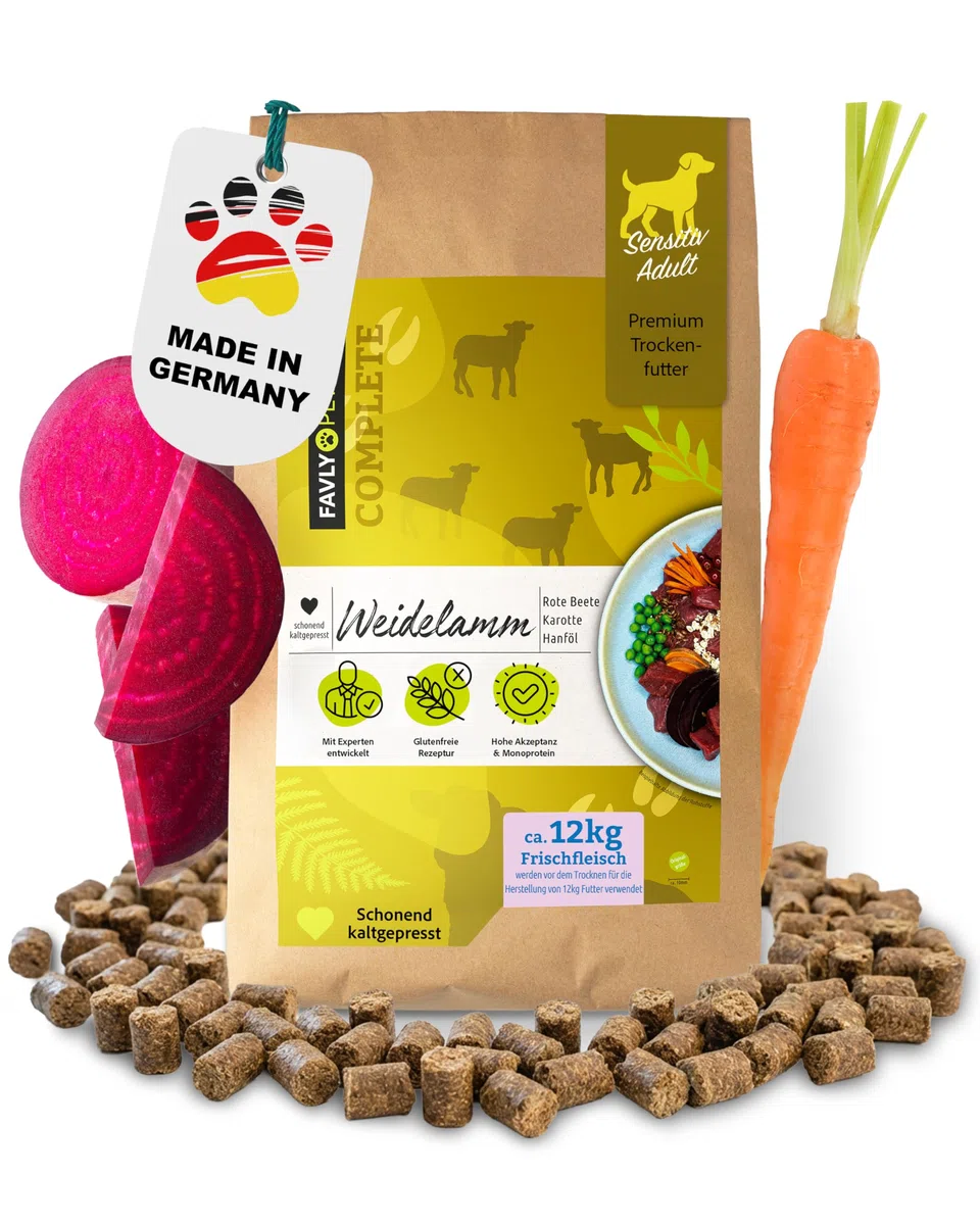 FAVLY – Weidelamm Trockenfutter für Hunde 12kg – kaltgepresst & glutenfrei – mit Rote Beete, Karotte & Hanföl – Monoprotein für Allergiker & Sensible Hunde – hoher Fleischanteil & ohne Zusätze