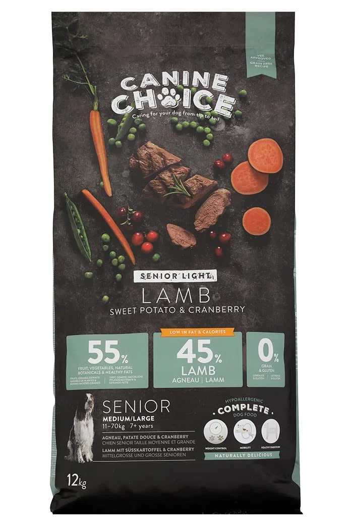 Canine Choice Senior Light Trockenfutter für Hunde - Lamm 12kg | 45% frisches Lamm, getreidefrei, fettarmes Trockenfutter mit Gemüse & Pflanzen | Hypoallergen, Gelenk-, Gewichts