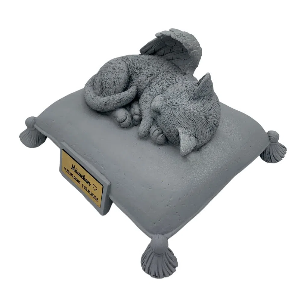 Monello Katzenurne Katze auf Kissen bis ca. 15 kg Tiergewicht individuelle Gravur auf Wunsch Katzenurne für Zuhause (Hellgrau)