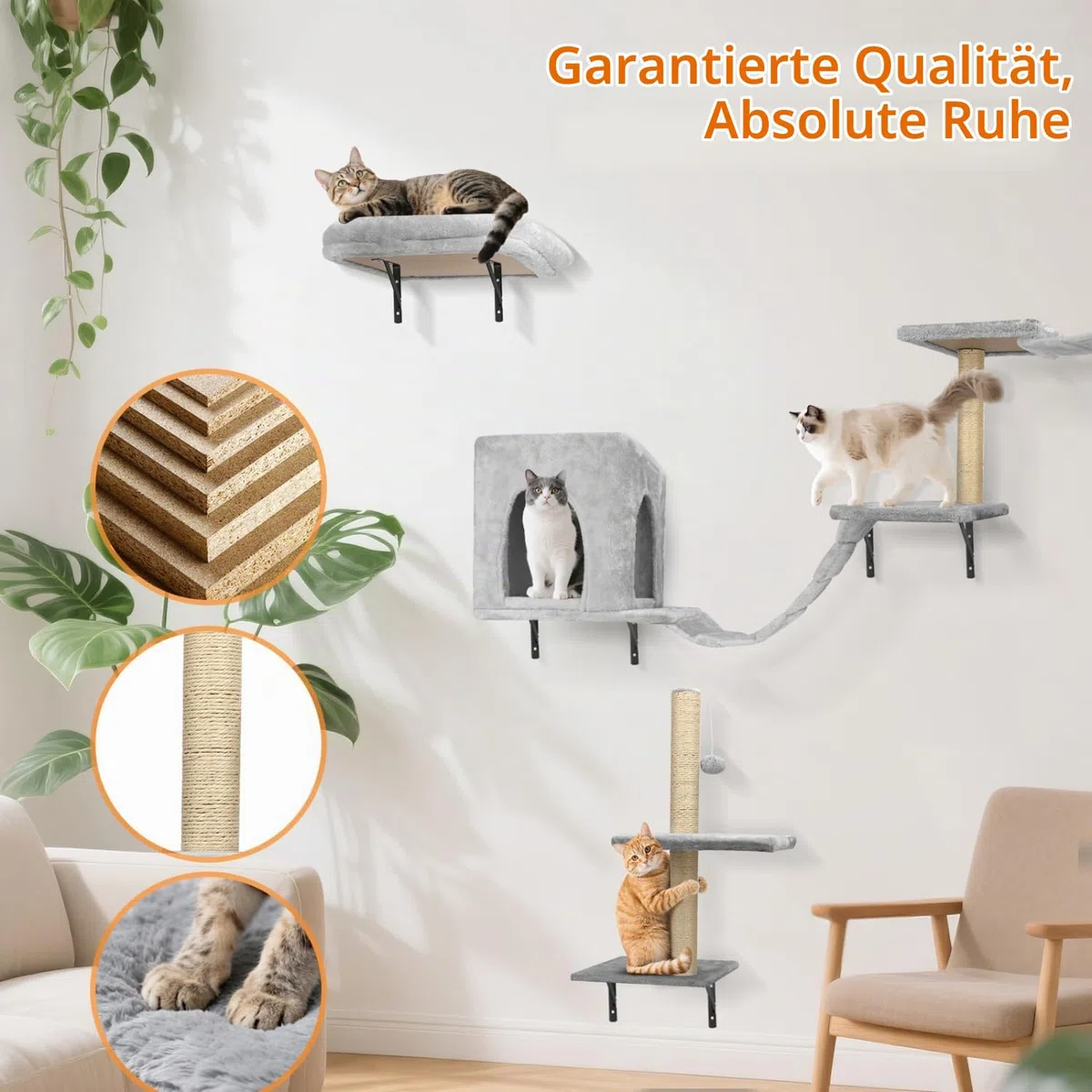 Nobleza Kletterwand Katzen 6 Set, 2 Katzenhäuser mit stabilen Kratzsäulen, Hängebrücke & festem Kratzbrett - Stabiles Katzen wandelemente für Schlafen, Spielen, Lounging bis 10 kg