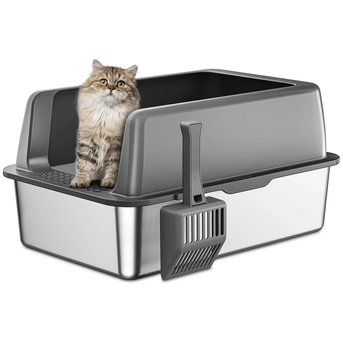 Zarler XL Edelstahl Katzenklo mit Deckel, 58x37x26cm - Hoher Rand Verhindert Streuen, Nicht Klebrig, Grau - Perfekt für Große Katzen