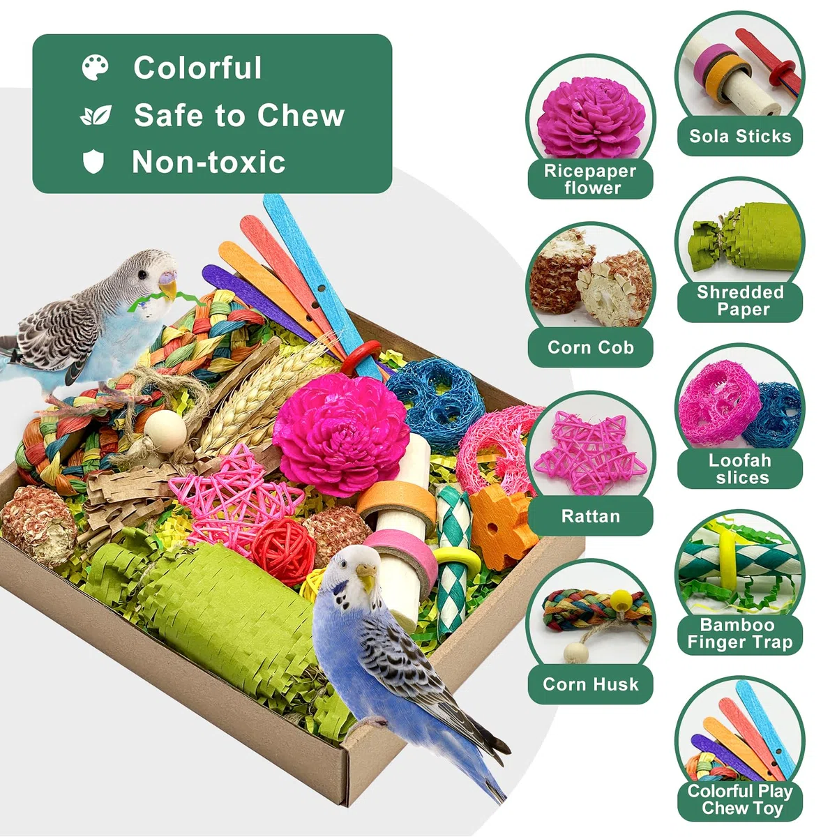 Natürliches Vogelspielzeug, Futtersuche, Papageien, Schreddern, Spielzeug für Nymphensittiche, Sittiche, Wellensittiche, kleine und mittelgroße Vögel (bunt)