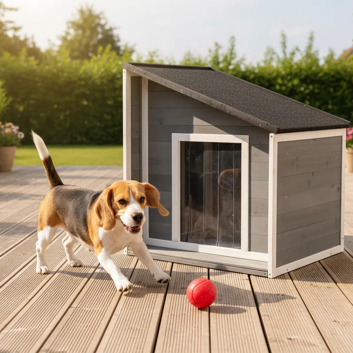 Relaxdays Hundehütte, Holz, wetterfest, klappbares Schrägdach, Hundehaus für kleine Hunde, HBT: 77x71x58 cm, grau/weiß