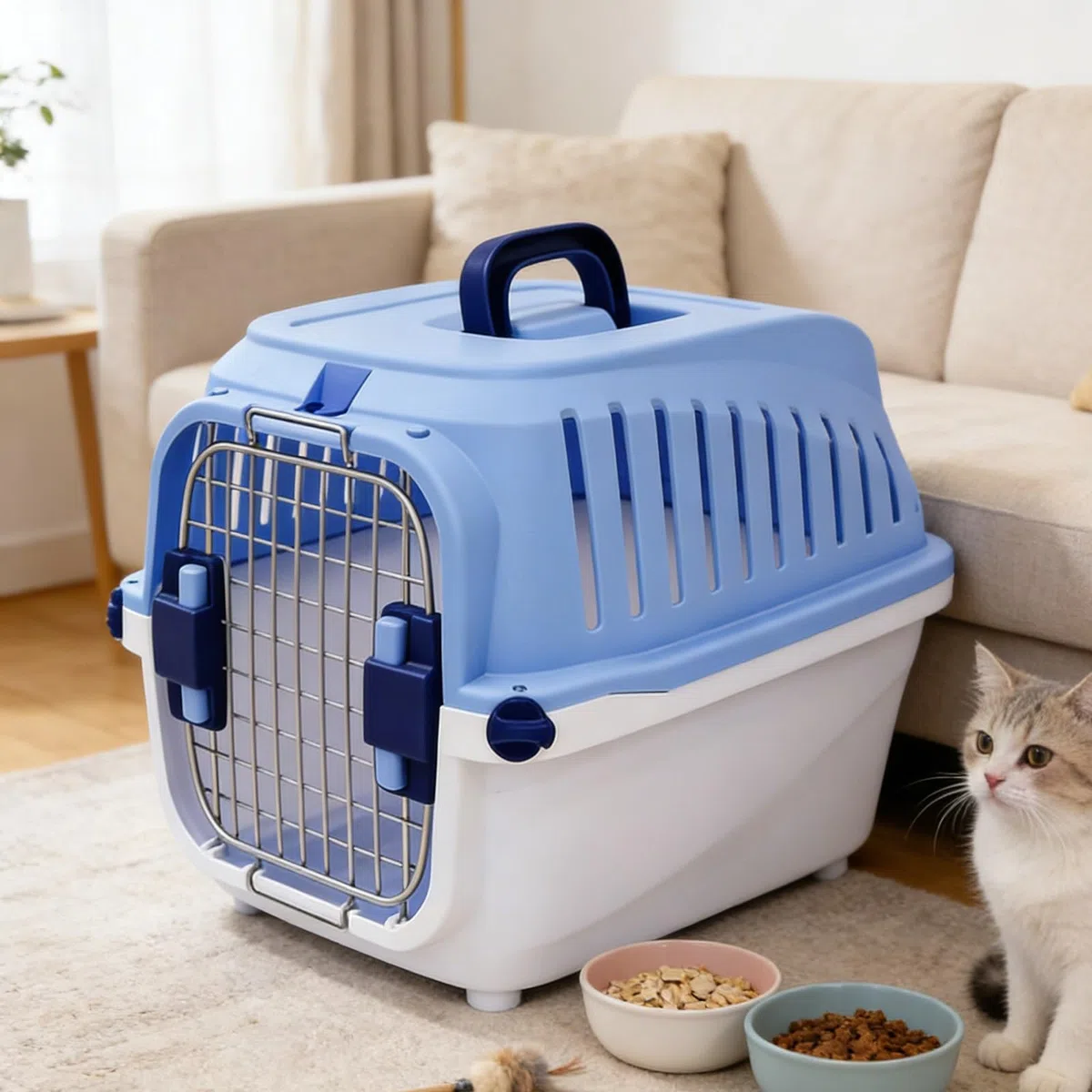 Katzenkäfig aus Kunststoff, tragbare Haustier-Transportbox mit ergonomischem Griff oben, autofreundliche Katzentrage für Kleintiere, Welpen, Kaninchen