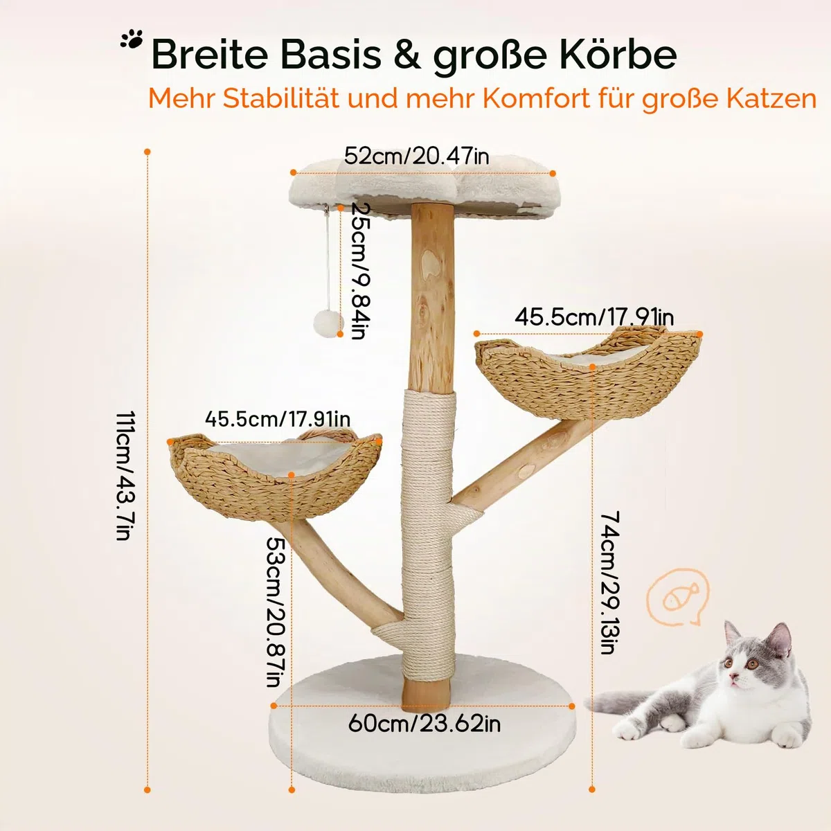 BingoPaw Kratzbaum Modern Katzenbaum Holz: 111cm Luxus Katzenkratzbaum mit 2 Weidenkorb Sisalstamm Sitzplattform Plüschball, Groß Katzenturm für mehr Katzen