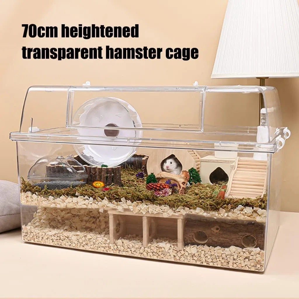 Großes Hamsterhaus mit Vorder- und Obertür, vollständig transparenter Acryl-Mauskäfig, atmungsaktives Lebensraumhaus für kleine Tiere (Größe: 70 cm)