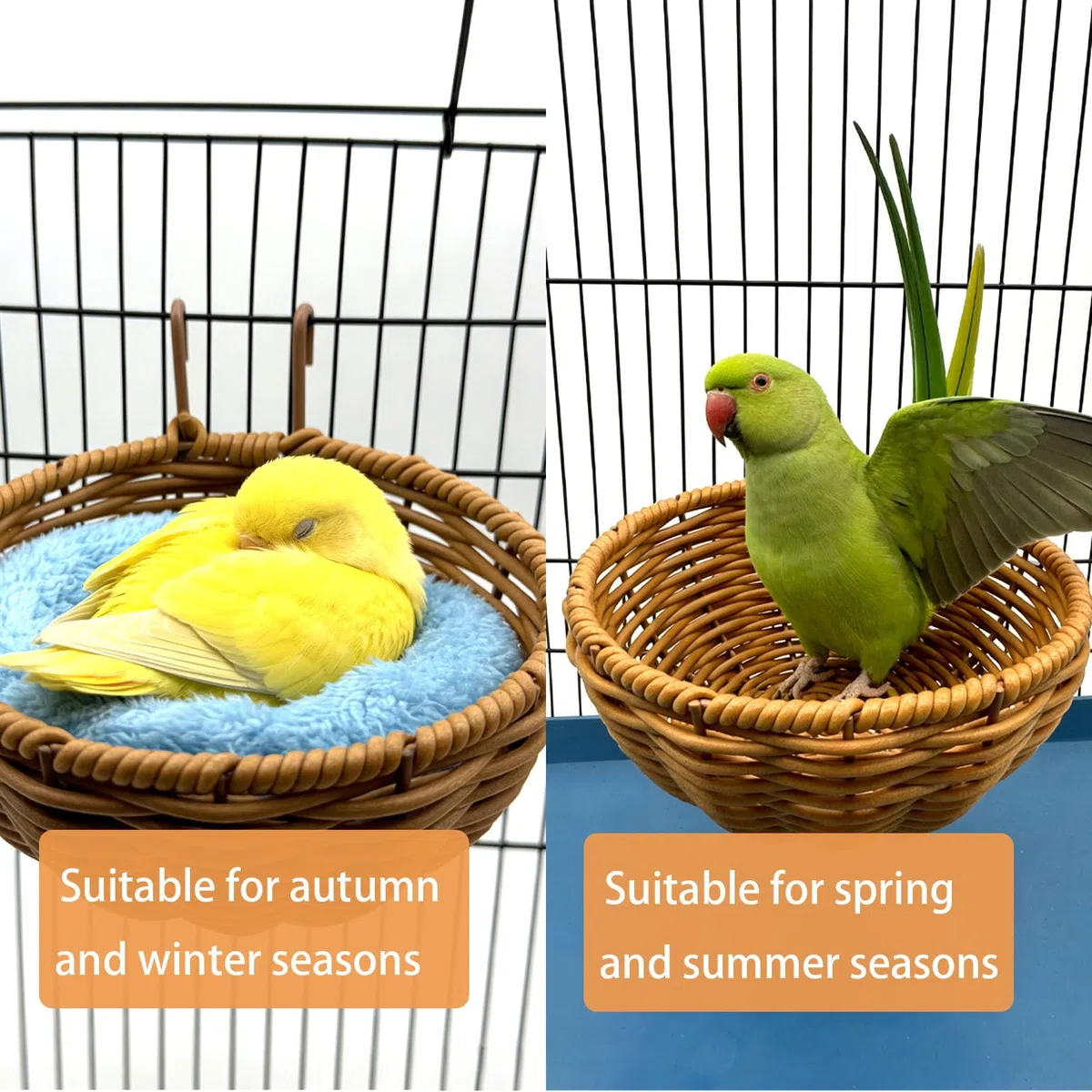 Rattan-Vogelnest für Käfig, 2 Stück, zum Aufhängen, waschbar, weich, warm, Schlafhütte, Vogelkäfig, Zubehör für Nymphensittiche, Wellensittiche, Finken, Kanarienvögel