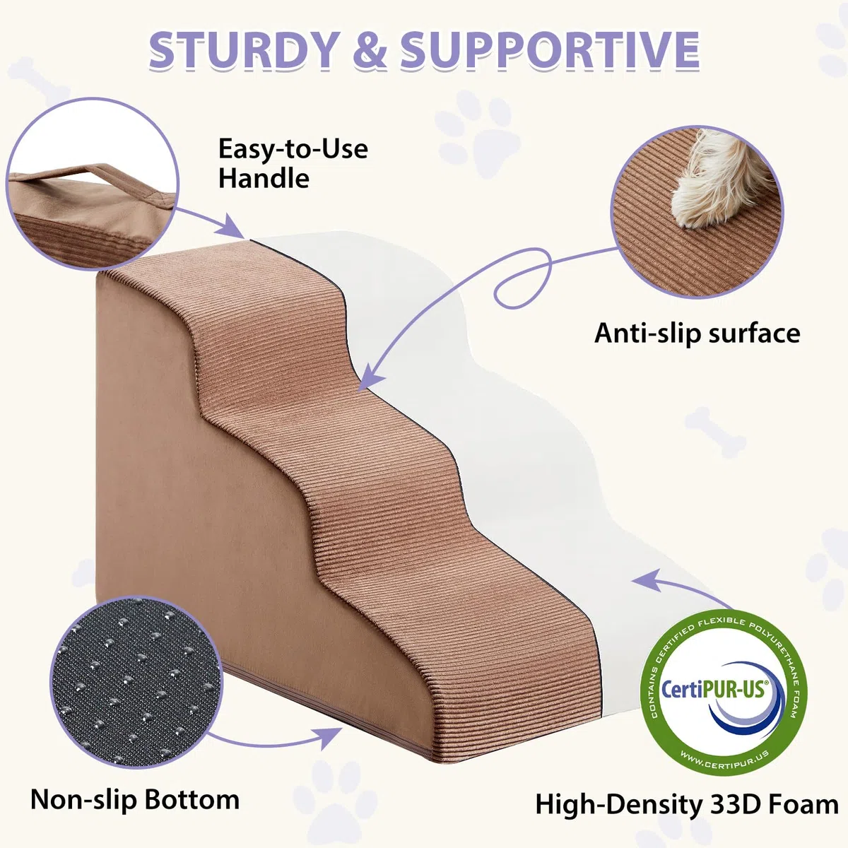 LEXTRO Dog Stairs for Small Dogs, 3-Steps Dog Ramp for Bed and Couch, Pet Stairs with Highly Supportive Foam and Non-Slip Bottom, Dog Steps for Cat & Doggie (High 15.7 Inch)