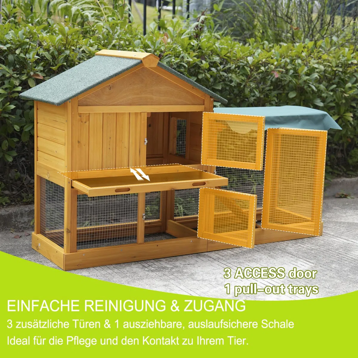 Deuba Kaninchenstall Winterfest, Hasenstall aus Holz mit Freilaufgehege, 152x51x95 cm, Asphaltdach, Sonnenschutz, Hühnerhaus mit Auslauf