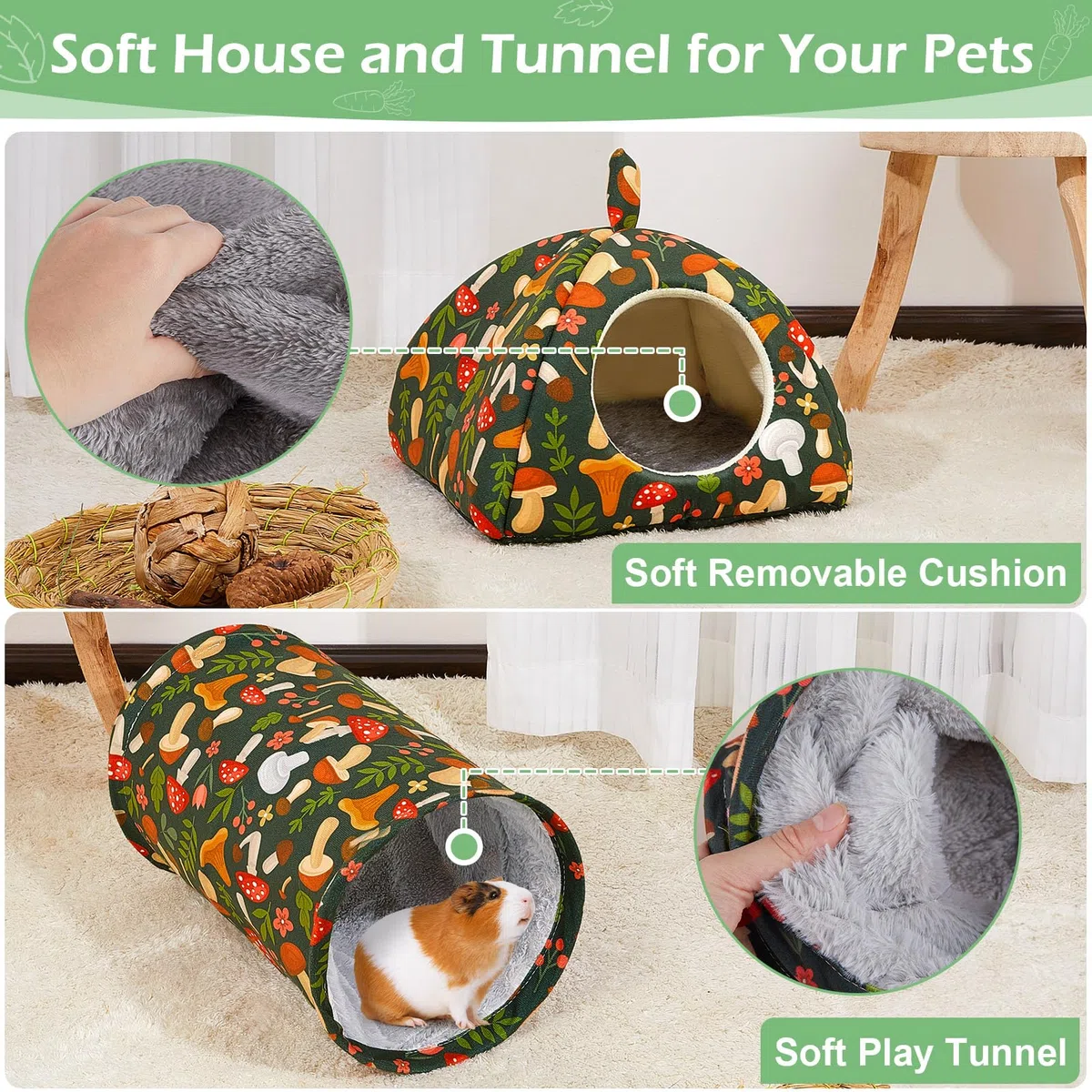 Bienbee Meerschweinchen-Versteck Waschbares Kaninchenbett mit Meerschweinchentunnel, 2 Stück, Meerschweinchen-Spielzeug-Set, Hasenversteck Käfigzubehör für Hamster, Frettchen, Kaninchen, Hase, grüner