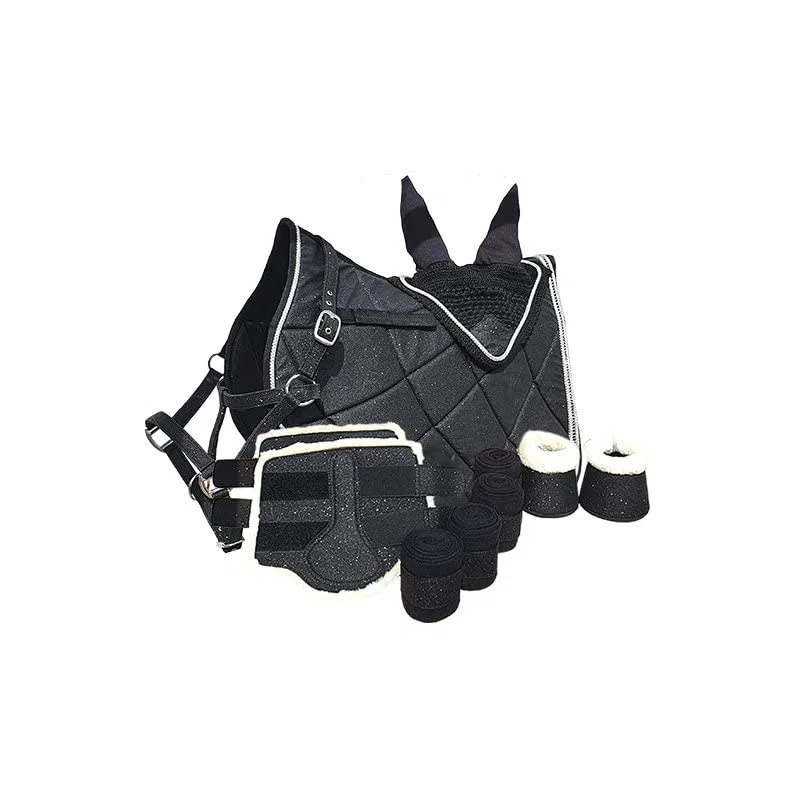 German Riding Perfect Match Schabracke Set Hufglocken Halfter Fliegenhaube Bandagen Gamaschen Glitzer (Shetty, Schwarz)