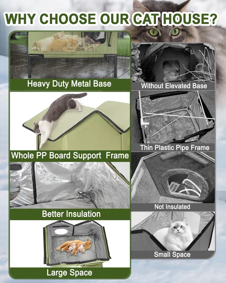 Großes Beheiztes Katzenhaus Outdoor Winterfest Isoliert, weich und warm Katzenhöhle für draußen mit Fluchttüren und Heizungspolster, robuster Katzenhütte Outdoor für mehrere Katzen und Hunde (Grün)