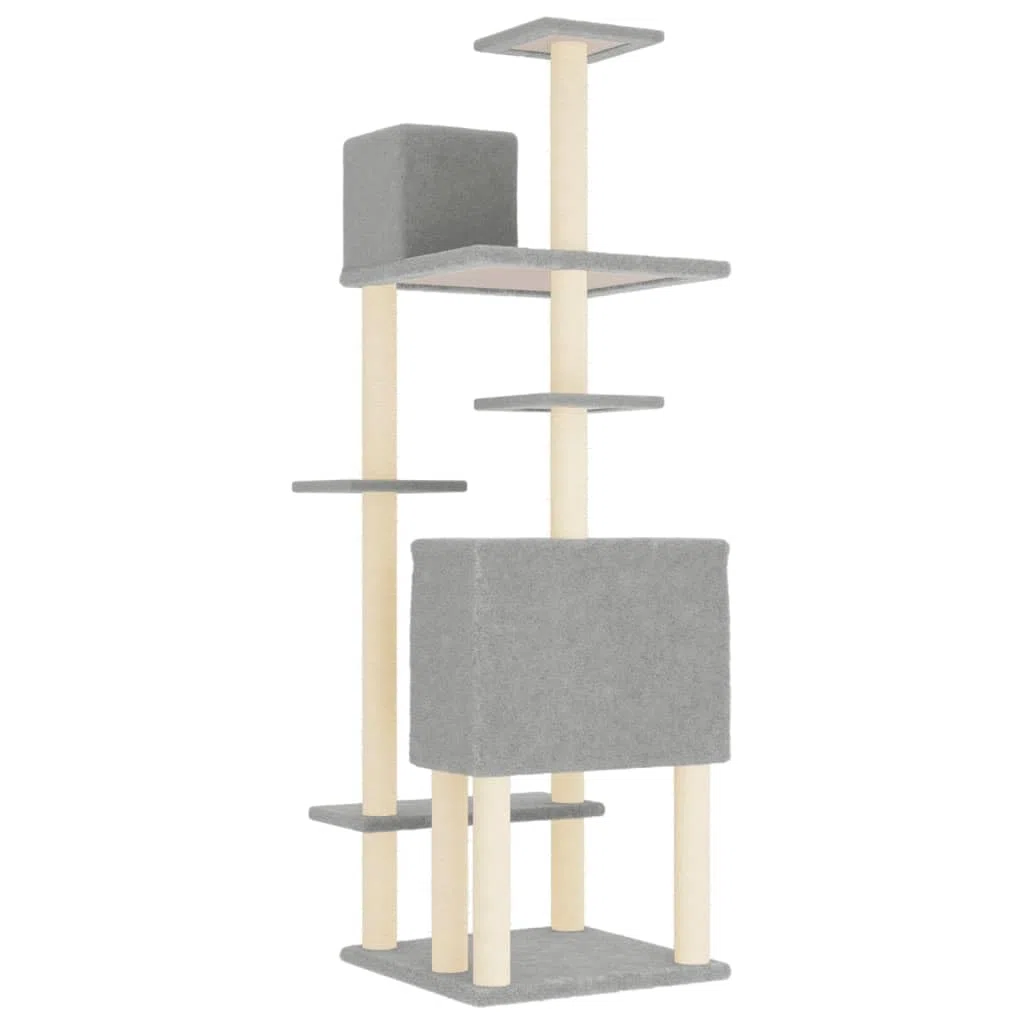Kratzbaum mit Sisal-Kratzsäulen Hellgrau 154 cm Stabiler Kletterturm mit Hängematte, Höhle und Liegefläche für Katzen in Wohnung, mit Holz, Plüsch, Kratztonne, Deckenspanner