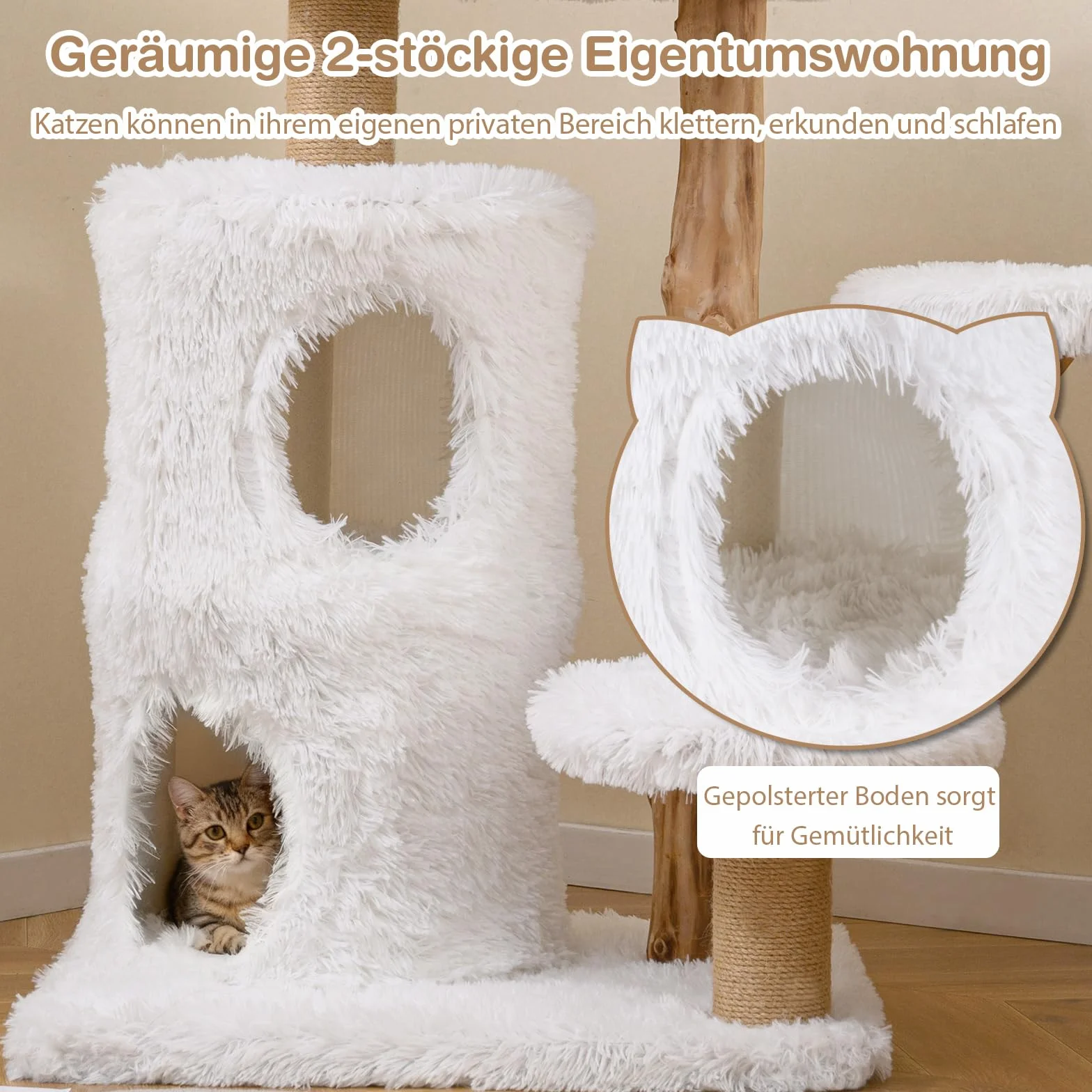 GOPLUS Kratzbaum Holz, Katzenbaum 93 cm mit 2 Höhle, Kratzstamm aus natürlichem Jute, 3 Plattformen, Massive Holzstütze & Weiche Kissen, Kletterbaum für Katzen, Indoor Katzenmöbel, Weiß + Natur
