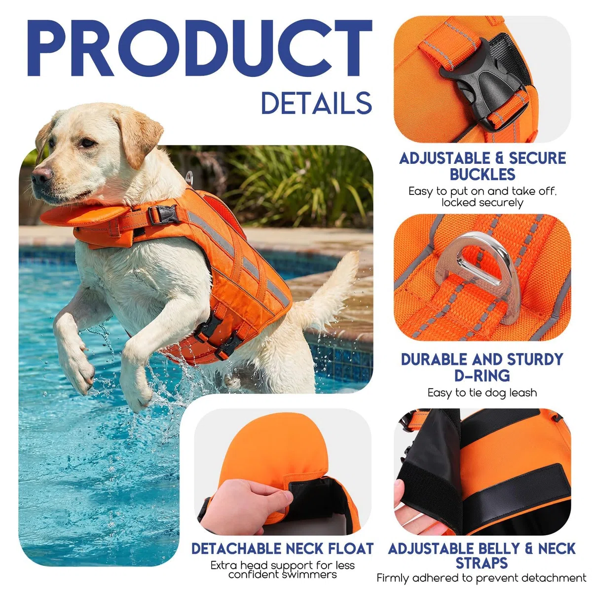 ASENKU Hundeschwimmweste Größe S für kleine Hunde mit Abnehmbarer Nackenstütze, Rettungsgriff, D-Ring und Reflektorstreifen, Schwimmweste für Hund sicheres Baden und Wassersport 5 kg-10 kg Hunde