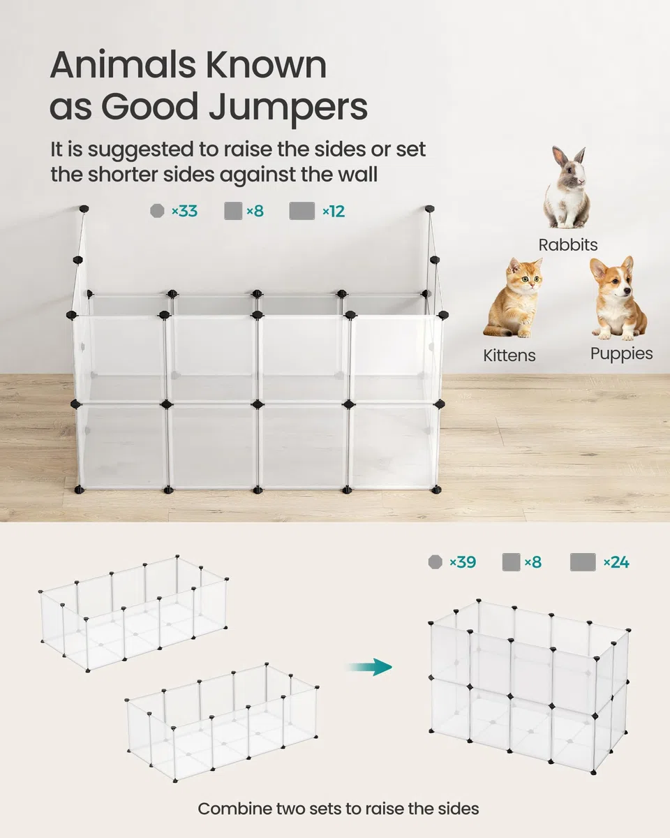 Songmics Haustier-Laufgitter mit Boden, modularer Zaunkäfig für kleine Tiere, Meerschweinchen, Hamster, Kaninchen, Haustier-Übungslauf und Käfig, transparente Kunststoffplatten, ULPC02W