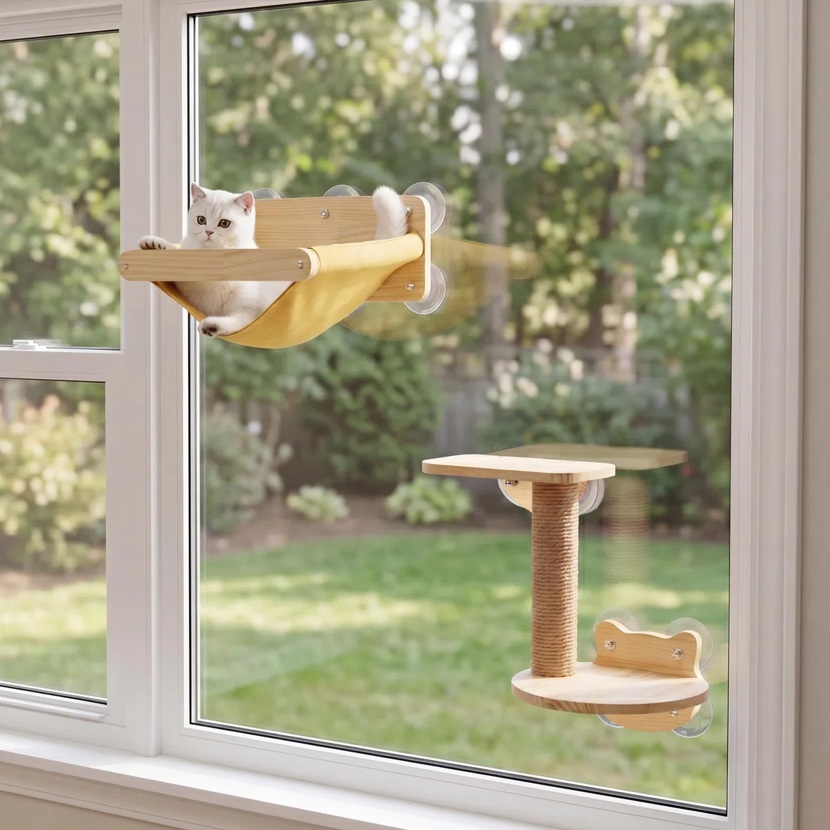Katzen-Fenster-Hängematten-Bett, 4-teiliges Set, Katzenfenstersitz für Innenräume, Sitzstange mit Zwei Ablagen und einem Kratzbaum, Sonnenmontage