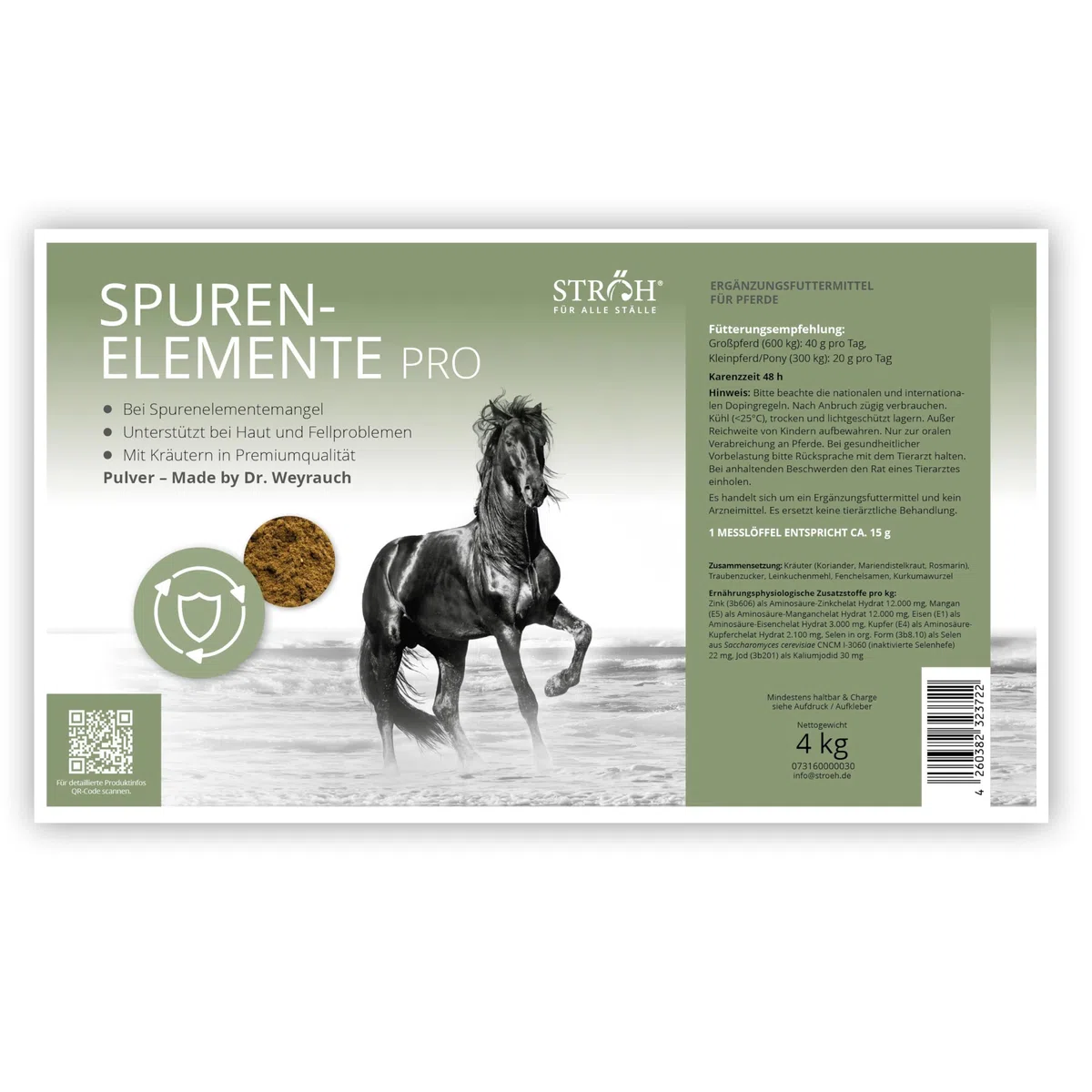 STRÖH Spurenelemente Pro Pulver für Pferde - Ergänzungsfutter Pferd - 4kg | Zink, Mangan, Eisen, Kupfer, Selen, Jod, Cobalt - Kräuter - Ohne Zusätze - Premium Mineralfutter - Fell, Haut & Immunsytem
